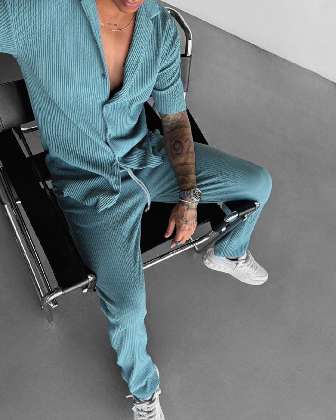 Oversize Pleated Open Collar Shirt & Trouser Set - Coronet Blue