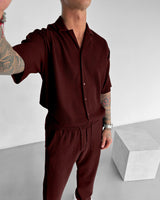 Oversize Pleated Open Collar Shirt & Trouser Set - Maroon