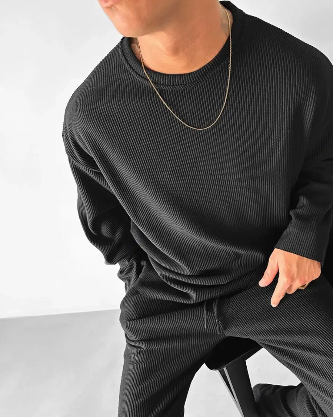 Oversized Full Sleeve O Neck T-Shirt & Trouser Set - Black
