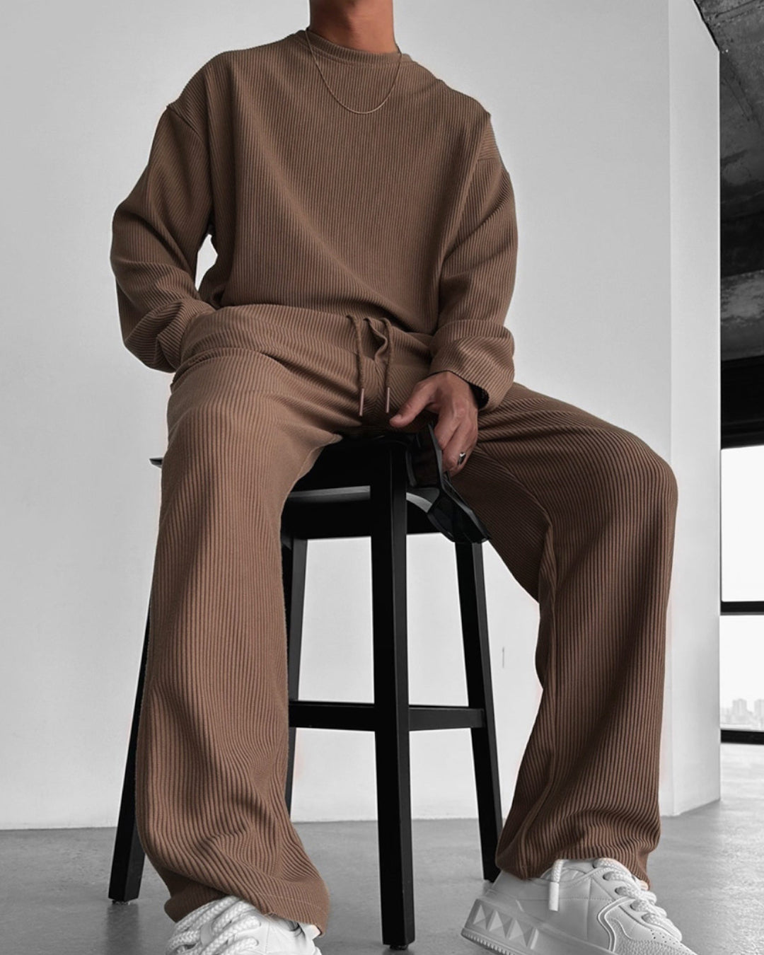Oversized Full Sleeve O Neck T-Shirt & Trouser Set - Brown