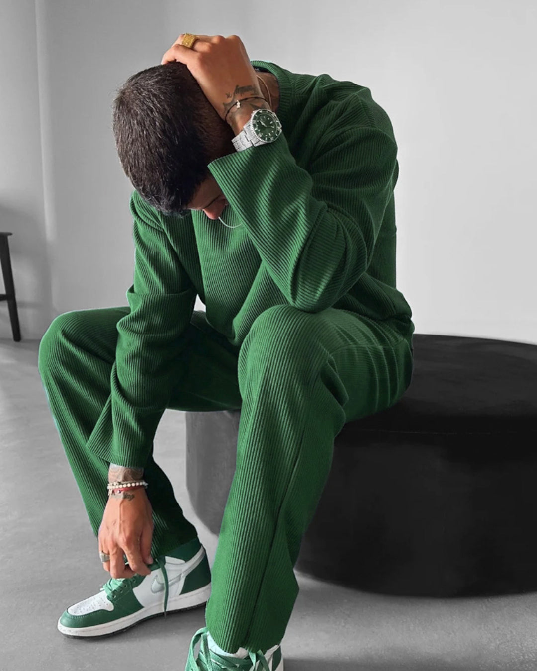 Oversized Full Sleeve O Neck T-Shirt & Trouser Set - Green