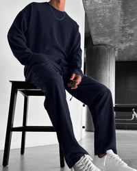 Oversized Full Sleeve O Neck T-Shirt & Trouser Set - Navy Blue