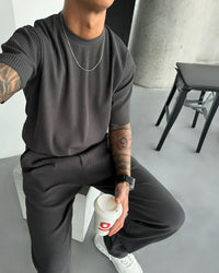 Oversized Quarter Sleeve O Neck T-Shirt & Trouser Set - Anthracite Gray