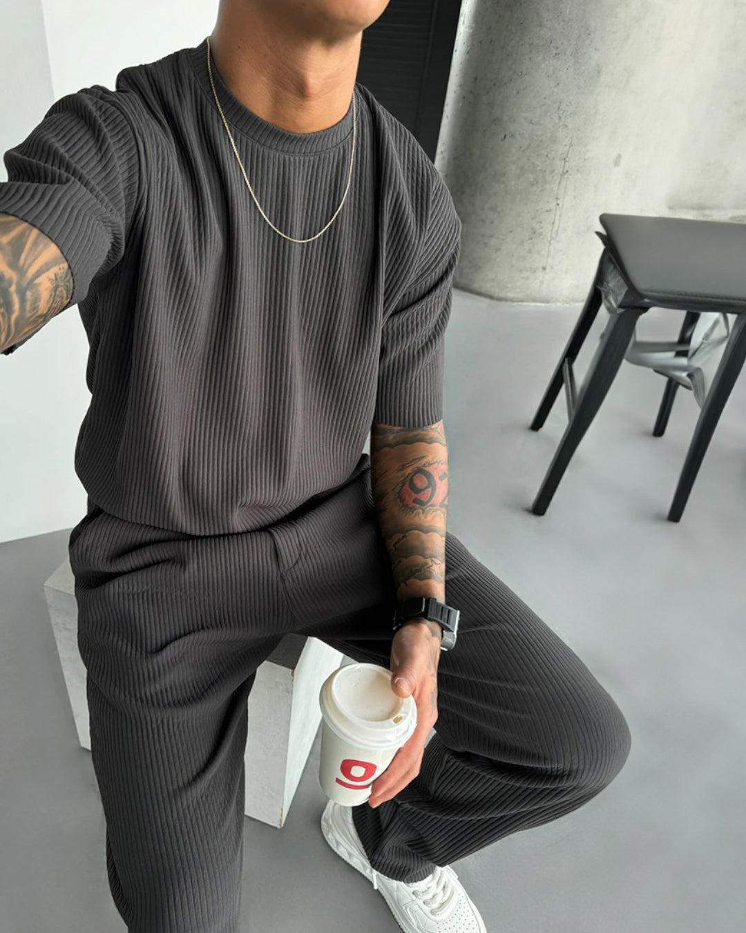 Oversized Quarter Sleeve O Neck T-Shirt & Trouser Set - Anthracite Gray