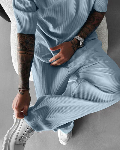 Oversized Quarter Sleeve O Neck T-Shirt & Trouser Set - Arctic Blue
