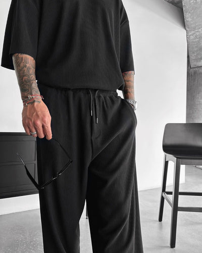 Oversized Quarter Sleeve  O Neck T-Shirt & Trouser Set - Black