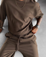Oversized Quarter Sleeve  O Neck T-Shirt & Trouser Set - Brown