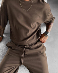 Oversized Quarter Sleeve  O Neck T-Shirt & Trouser Set - Brown