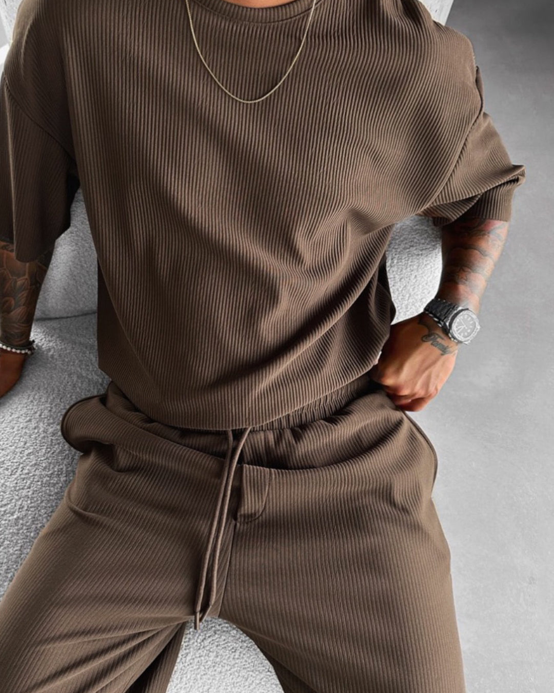 Oversized Quarter Sleeve  O Neck T-Shirt & Trouser Set - Brown