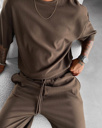 Oversized Quarter Sleeve  O Neck T-Shirt & Trouser Set - Brown