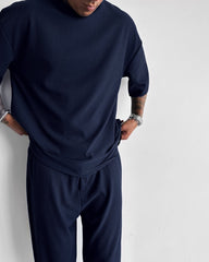 Oversized Quarter Sleeve  O Neck T-Shirt & Trouser Set - Navy Blue