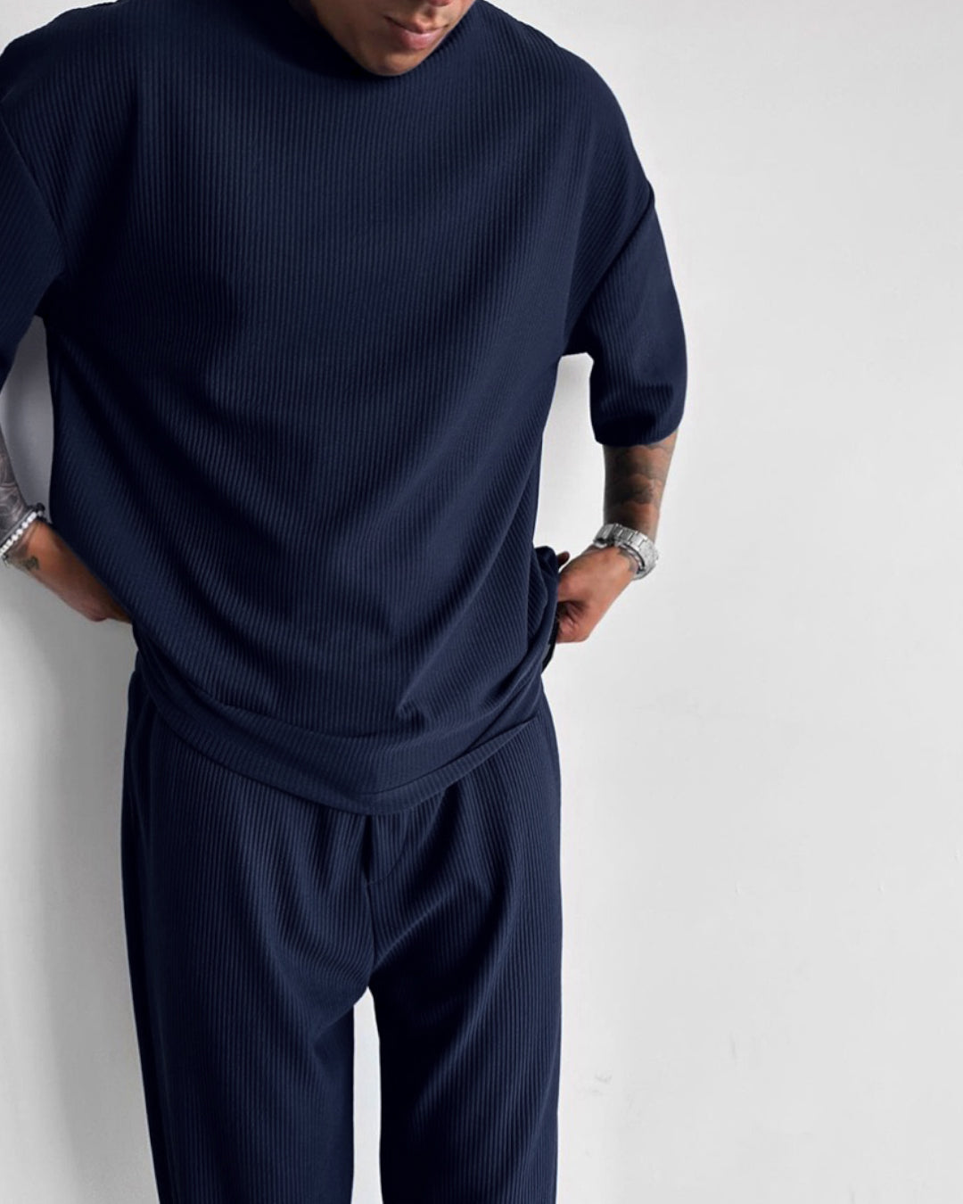 Oversized Quarter Sleeve  O Neck T-Shirt & Trouser Set - Navy Blue