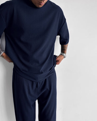Oversized Quarter Sleeve  O Neck T-Shirt & Trouser Set - Navy Blue