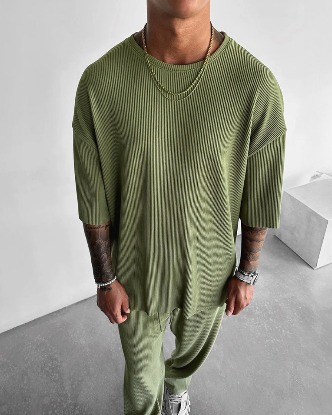 Oversized Quarter Sleeve O Neck T-Shirt & Trouser Set - Pistachio