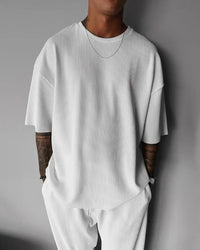 Oversized Quarter Sleeve  O Neck T-Shirt & Trouser Set - White