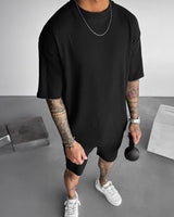 Oversized Quarter Sleeve  O Neck T-Shirt & Short Set - Black
