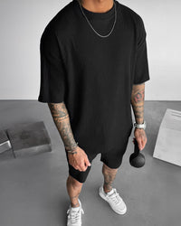 Oversized Quarter Sleeve  O Neck T-Shirt & Short Set - Black