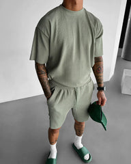 Oversized Quarter Sleeve  O Neck T-Shirt & Short Set - Tea green