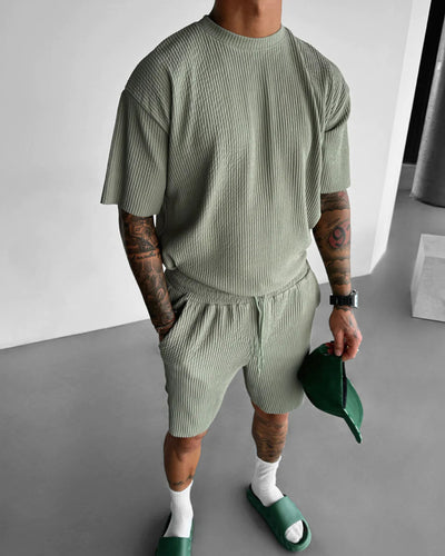Oversized Quarter Sleeve  O Neck T-Shirt & Short Set - Tea green