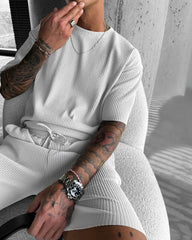 Oversized Quarter Sleeve  O Neck T-Shirt & Short Set - White