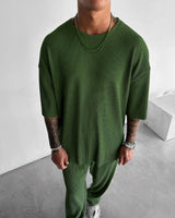 Oversized Quarter Sleeve  O Neck T-Shirt & Trouser Set - Army Green