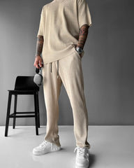 Oversized Quarter Sleeve  O Neck T-Shirt & Trouser Set -  Beige