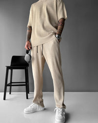 Oversized Quarter Sleeve  O Neck T-Shirt & Trouser Set -  Beige