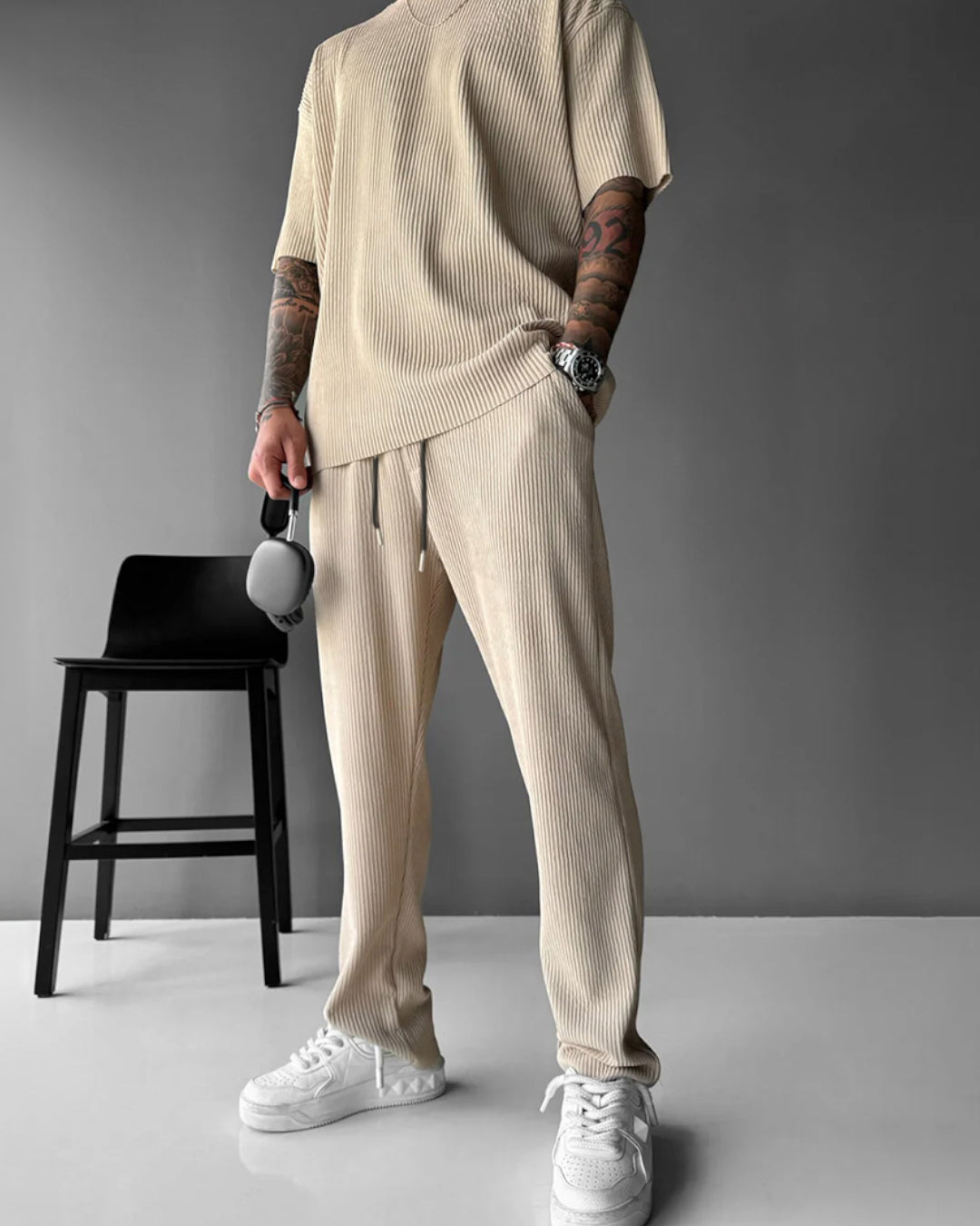 Oversized Quarter Sleeve  O Neck T-Shirt & Trouser Set -  Beige
