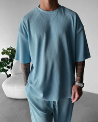 Oversized Quarter Sleeve  O Neck T-Shirt & Trouser Set - Coronet Blue