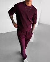 Oversized Quarter Sleeve  O Neck T-Shirt & Trouser Set - Maroon