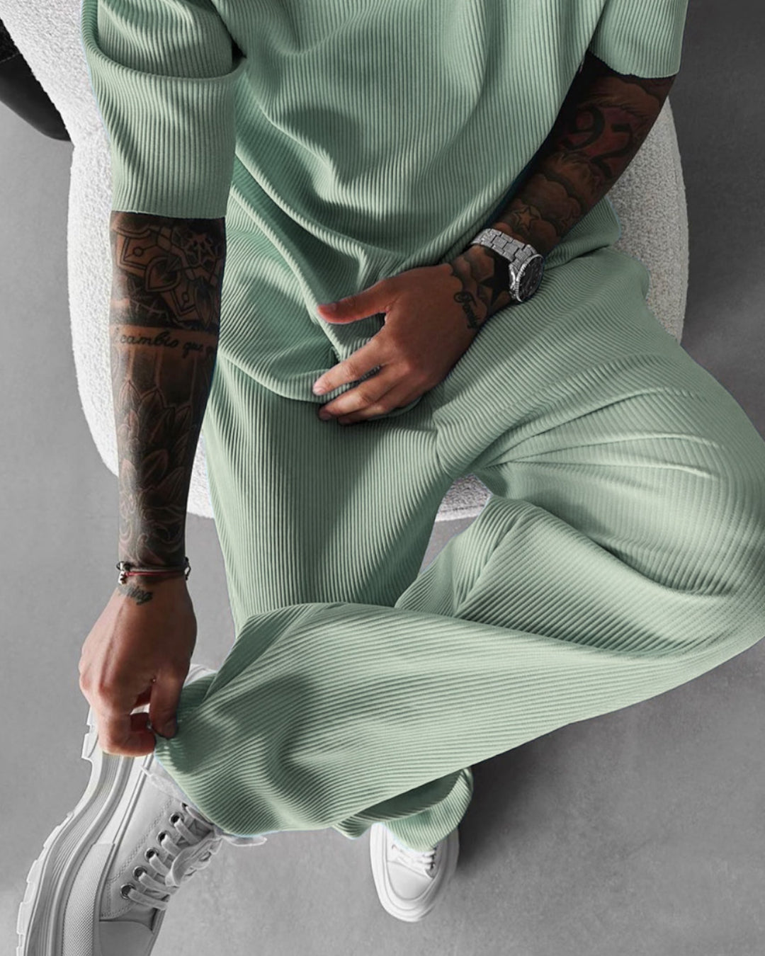 Oversized Quarter Sleeve  O Neck T-Shirt & Trouser Set - Tea green