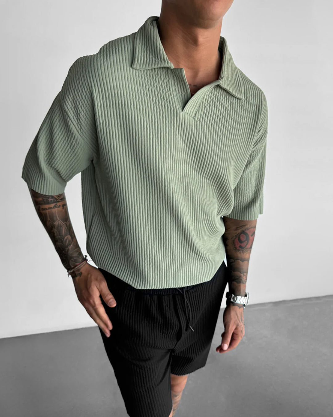 OVERSIZE RIBBED POLO T-SHIRT - TEA GREEN