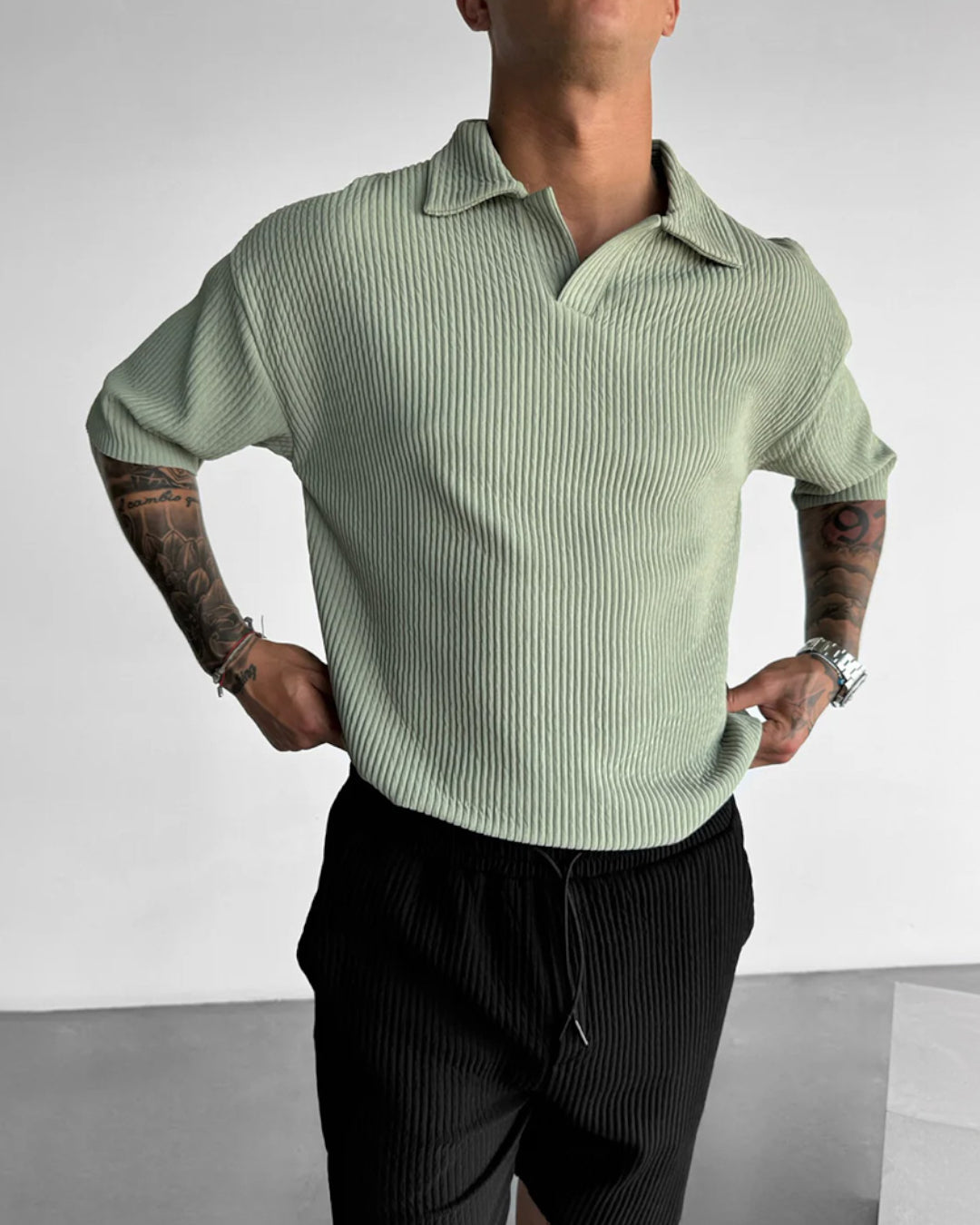 OVERSIZE RIBBED POLO T-SHIRT - TEA GREEN