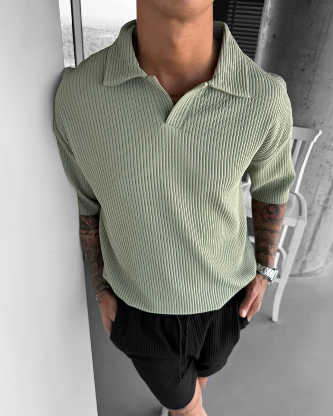 OVERSIZE RIBBED POLO T-SHIRT - TEA GREEN
