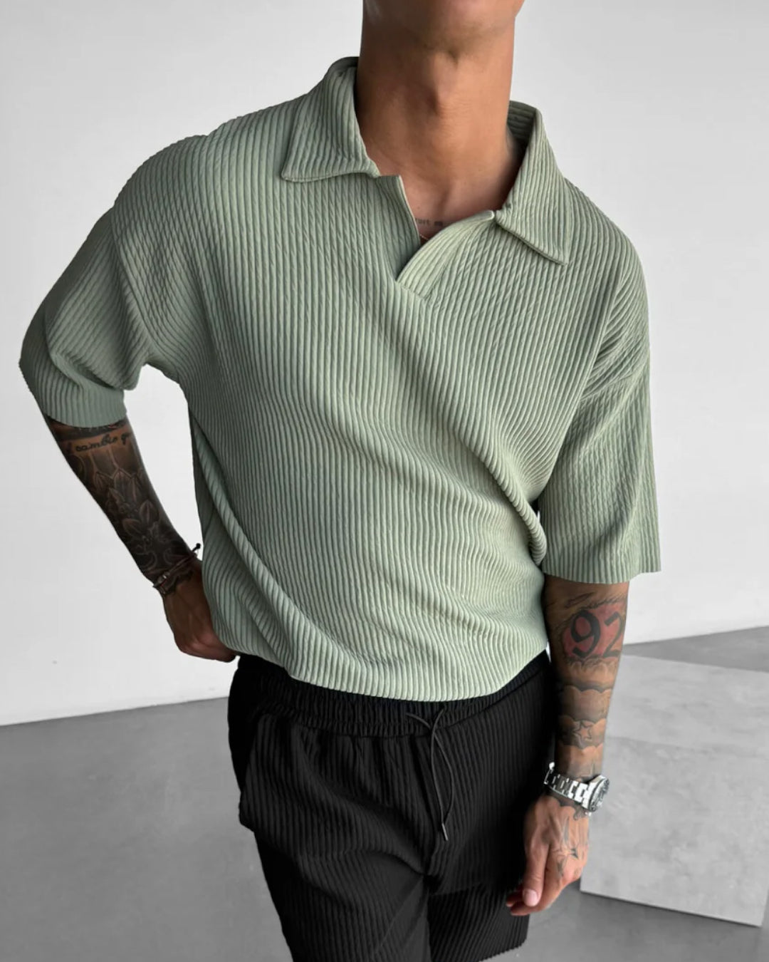 OVERSIZE RIBBED POLO T-SHIRT - TEA GREEN