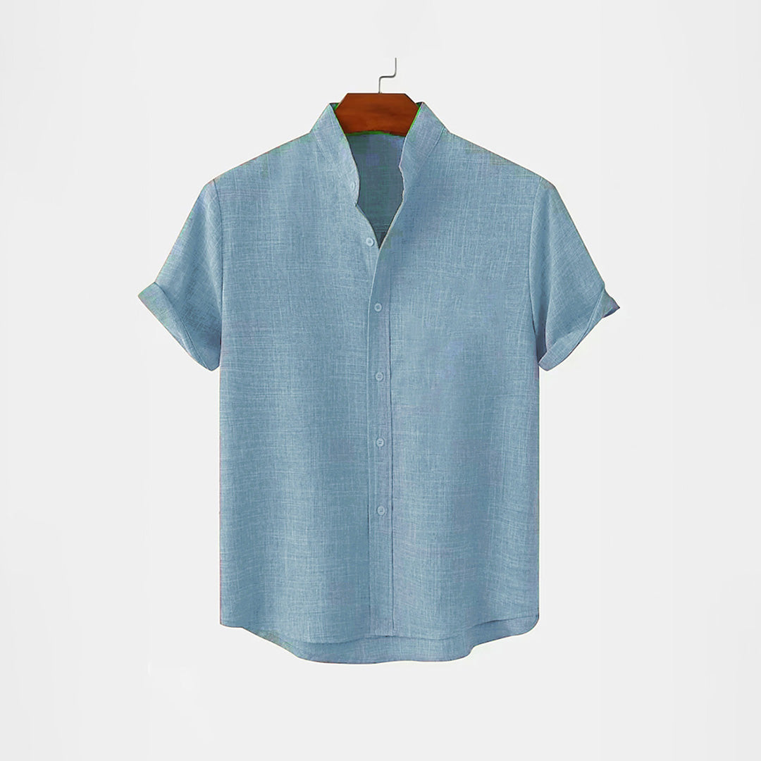 BAN COLLAR FULL LINEN SHIRT - BLUE