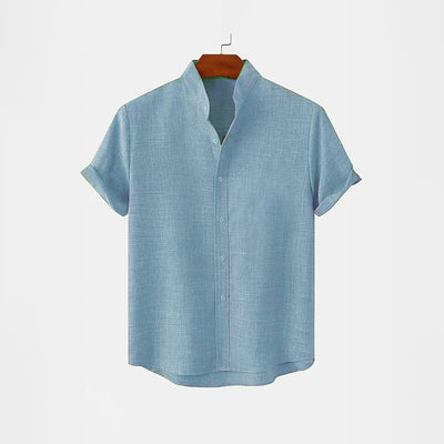 BAN COLLAR FULL LINEN SHIRT - BLUE - Zapped