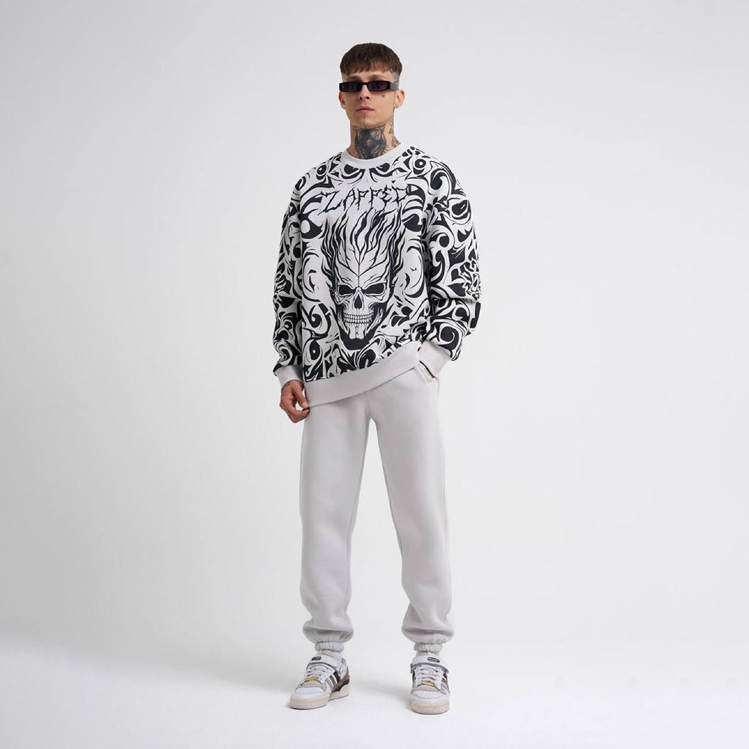 Oversize Ethnical Skull Sweatshirt Cord Set - White
