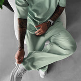 Oversized Quarter Sleeve  O Neck T-Shirt & Trouser Set - Tea green