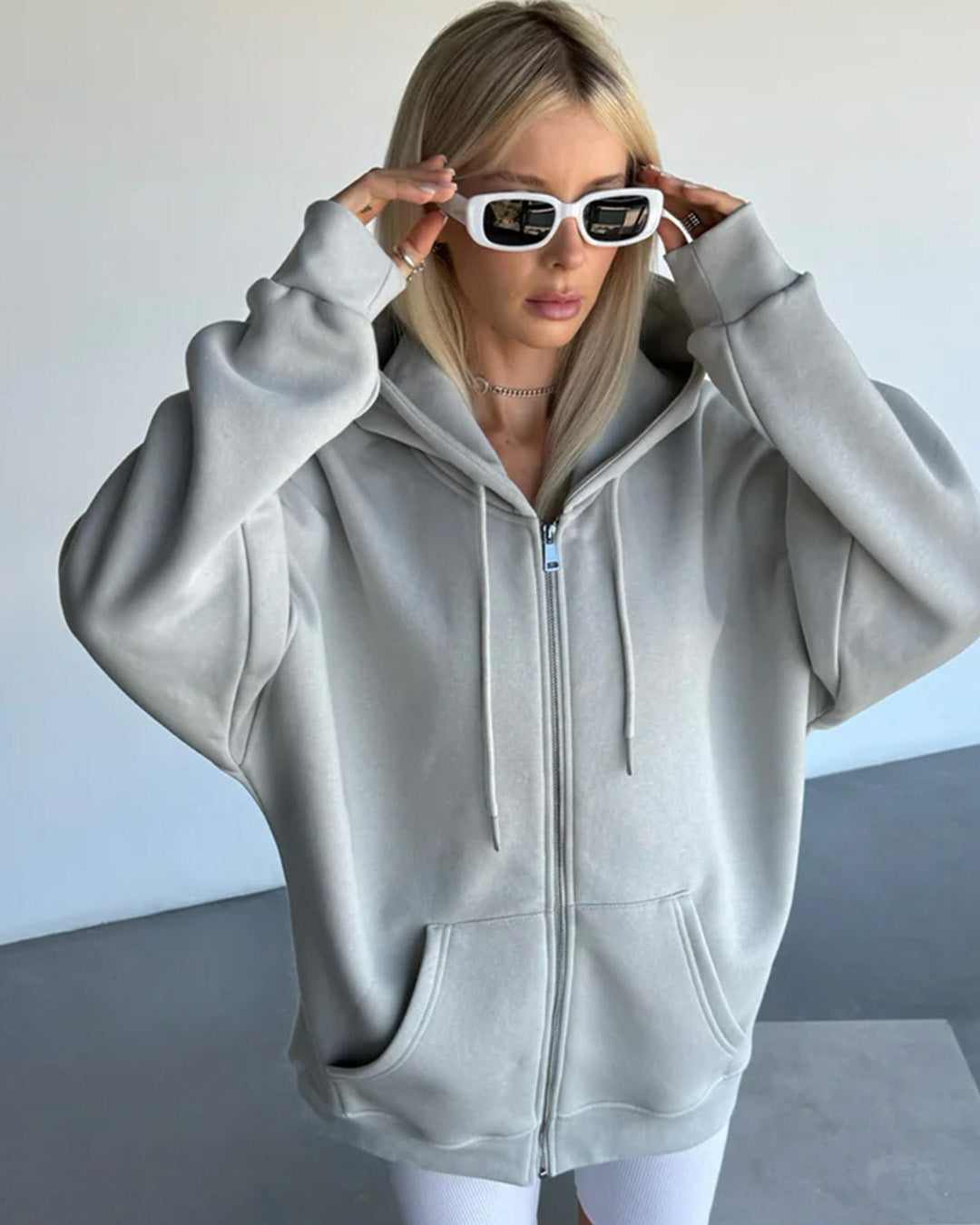 BASIC PLAIN ZIPPER HOODIE UNISEX - GRAY