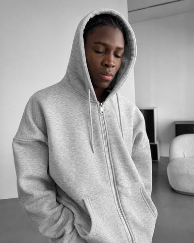 BASIC PLAIN ZIPPER HOODIE UNISEX - GRAY