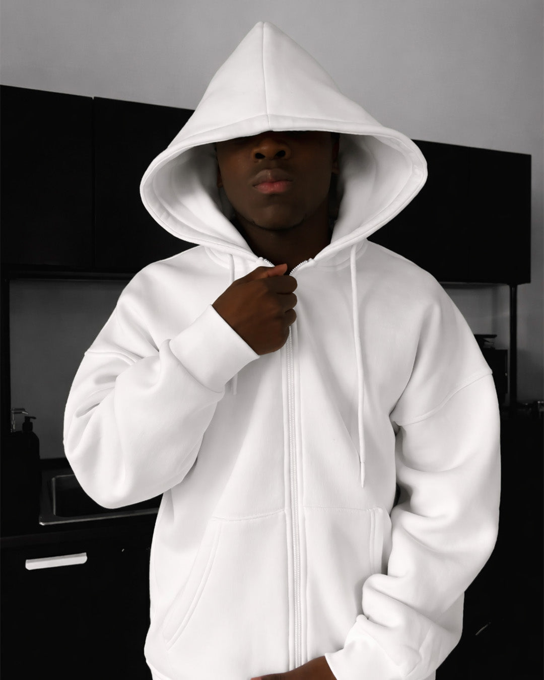 BASIC PLAIN ZIPPER HOODIE UNISEX - WHITE
