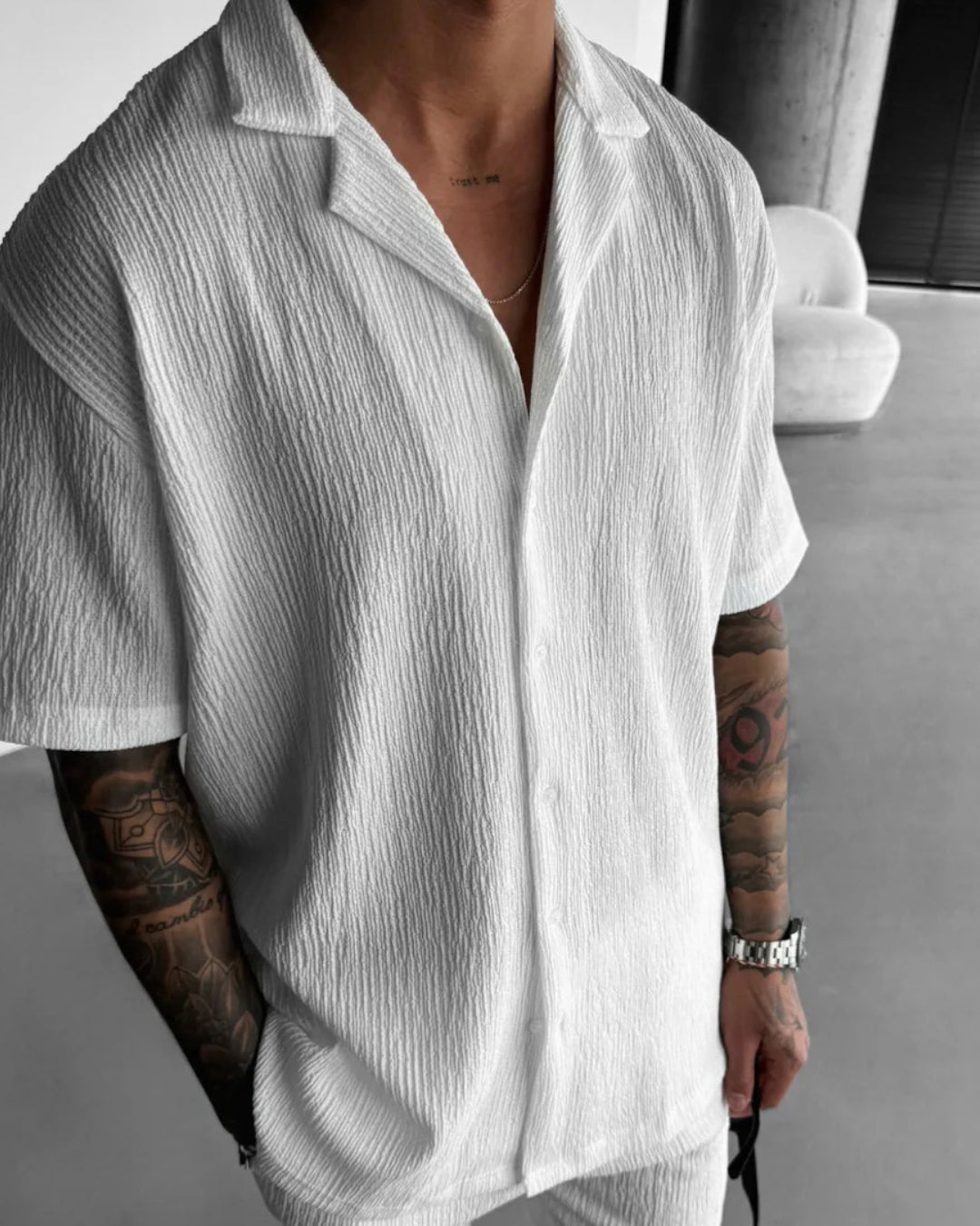 WHITE COTTON CRUSH RELAXED FIT SHORT SLEEVE SHIRT