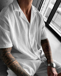 WHITE COTTON CRUSH RELAXED FIT SHORT SLEEVE SHIRT