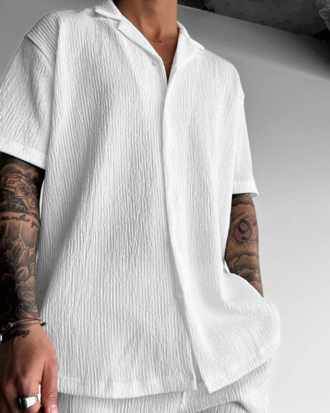 WHITE COTTON CRUSH RELAXED FIT SHORT SLEEVE SHIRT