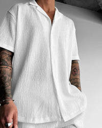 WHITE COTTON CRUSH RELAXED FIT SHORT SLEEVE SHIRT