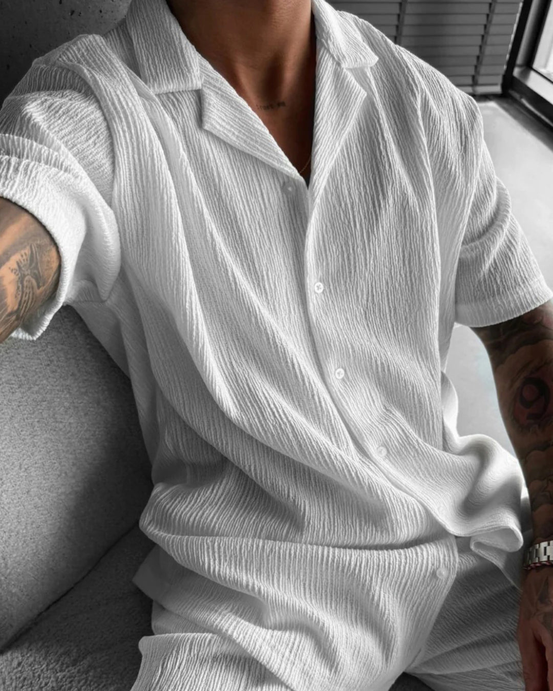 WHITE COTTON CRUSH RELAXED FIT SHORT SLEEVE SHIRT