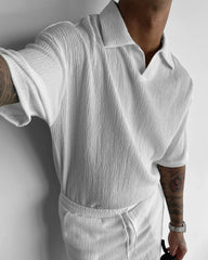 WHITE COTTON CRUSH RELAXED FIT POLO T-SHIRT