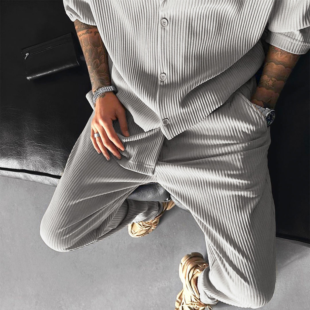 Oversize Pleated Open Collar Shirt & Trouser Set - Gray