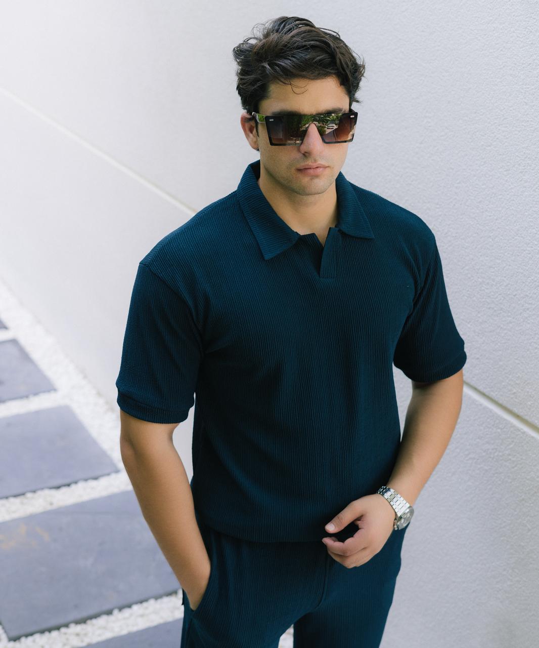 OVERSIZE RIBBED POLO T-SHIRT - RAIN FOREST